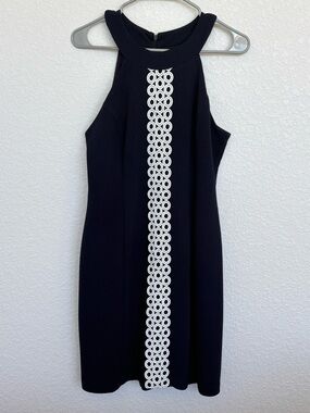 Eliza J Textured Navy Dress with white embroidery. Size 6